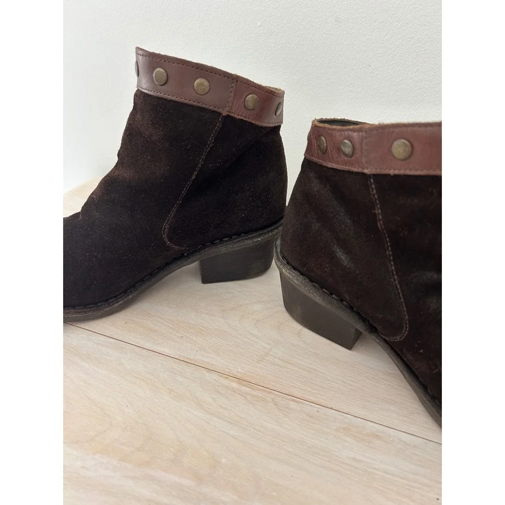 Fly London Brown Suede Studded Ankle Boots Leather Trim Portugal 38 Women's 7.5